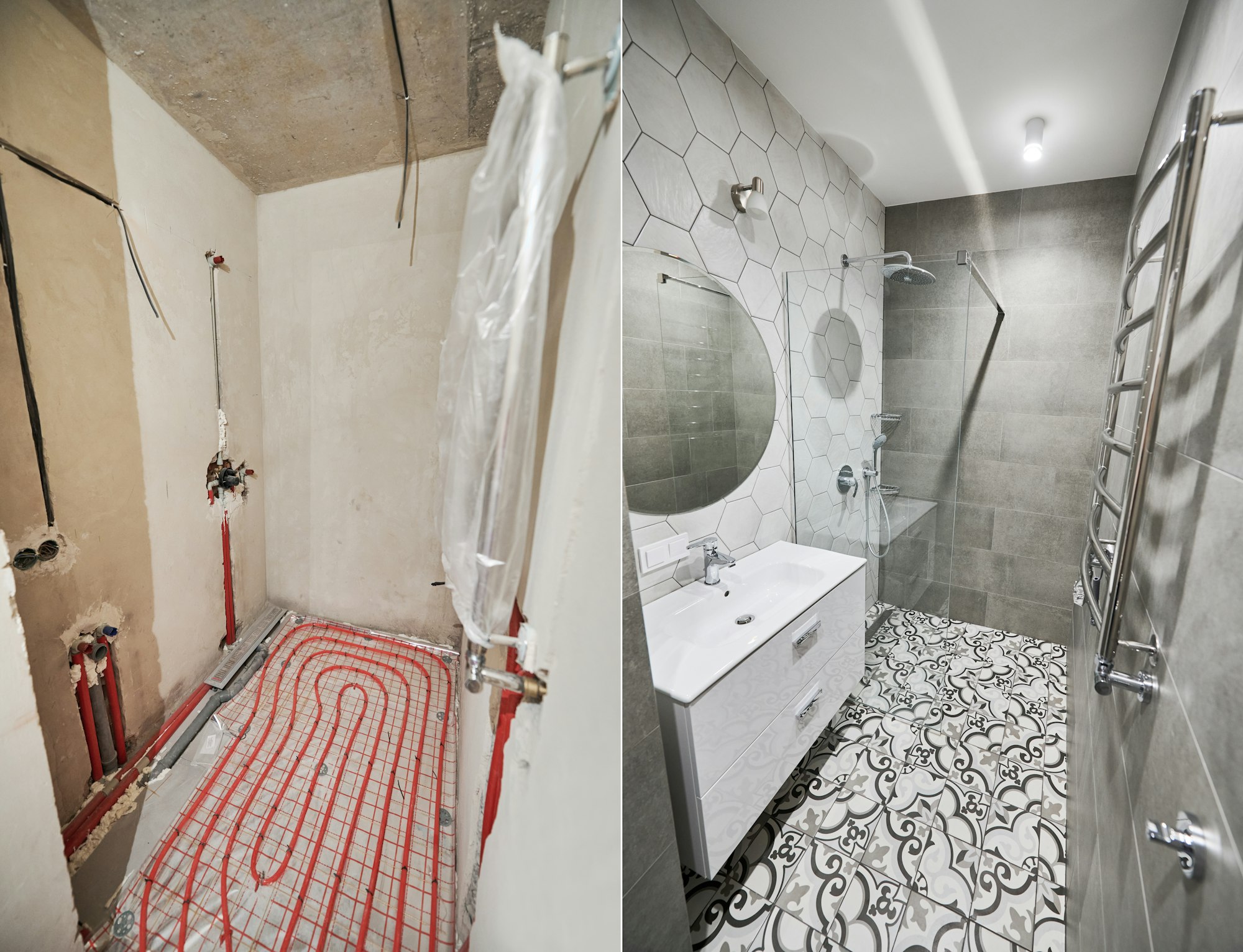 Bathroom with heated floor before and after renovation.
